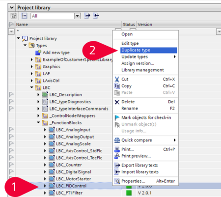 Siemens AF V2.2 文档中对库对象执行 Duplicate type 的菜单示例