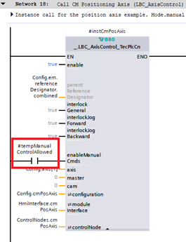 Siemens AF V2.2 的 LBC 功能块调用示例，手动操作许可连接到 enableManualCmds 输入