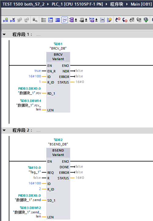 1510SP 侧 BRCV 使用 R_ID 1,BSEND 使用 R_ID 2
