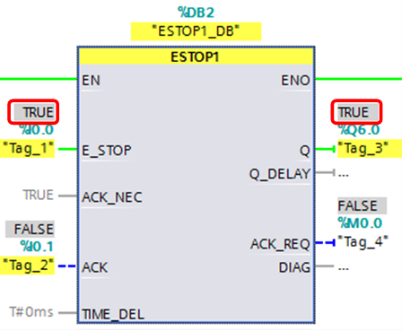 官方在线状态:E_STOP 和 Q 为 TRUE,ACK 和 ACK_REQ 为 FALSE,TIME_DEL 为 T#0ms