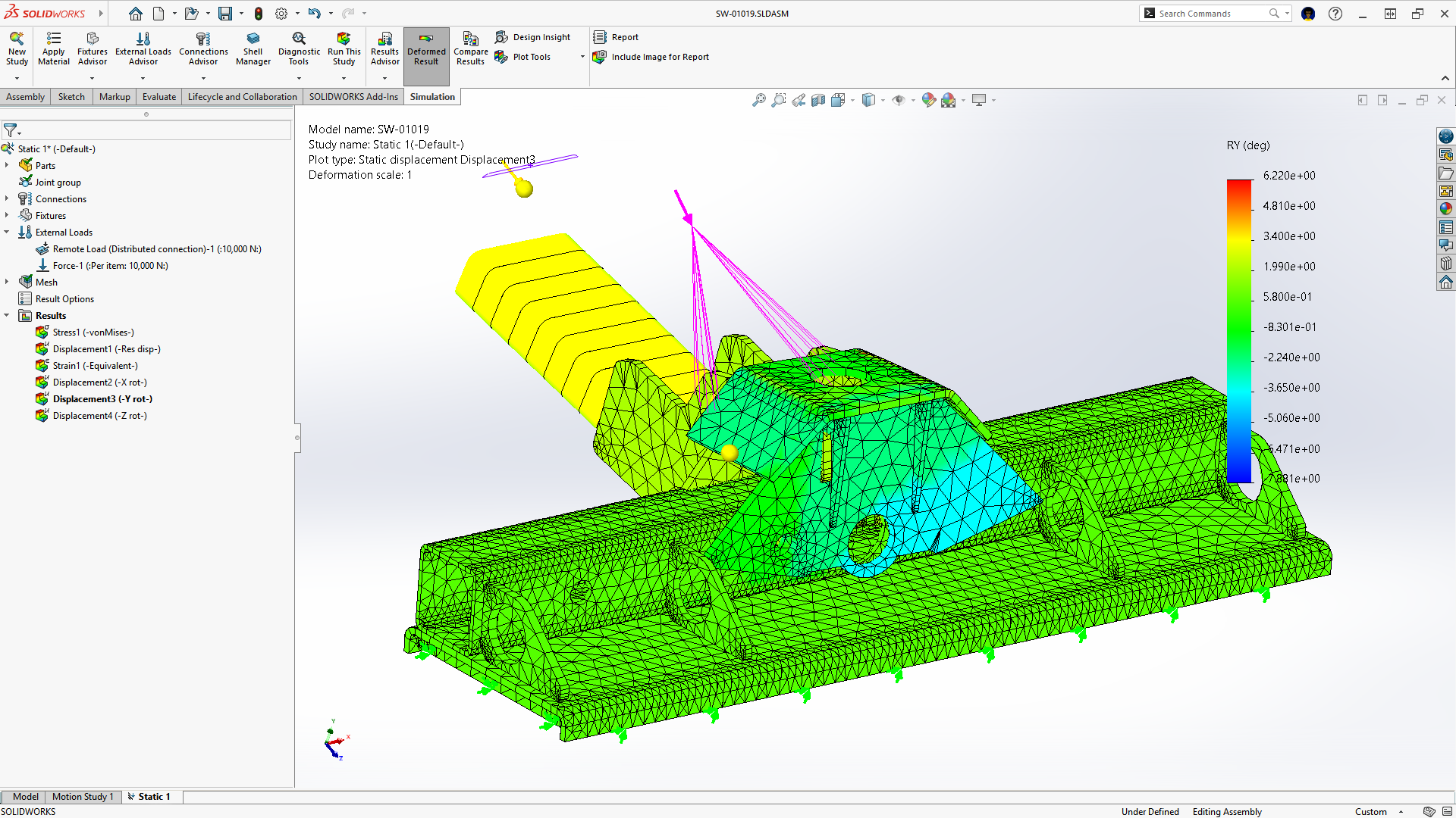 SOLIDWORKS Simulation 官方网格、分析树与结果显示示例